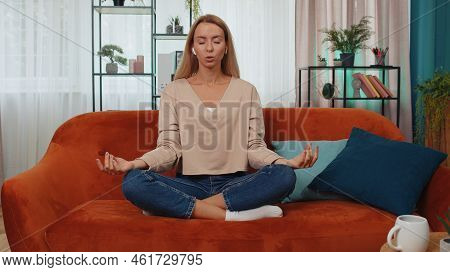 Keep Calm Down, Relax, Inner Balance. Adult Girl Breathes Deeply With Mudra Gesture, Eyes Closed Med