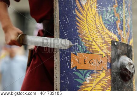 Bucharest, Romania - September 17, 2022: Details With An Ancient Roman Soldier's Shield And Sword (g