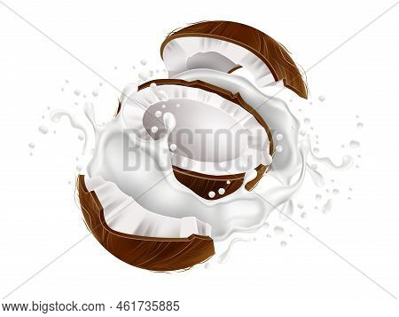 Coconut In Milk Splashes. Realistic Flying Pieces And Half Coconut, Yogurt Creamy Drops, White Liqui