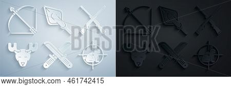 Set Crossed Hunter Knife, Two Crossed Shotguns, Moose Head With Horns, Hunt On Rabbit Crosshairs, Hi
