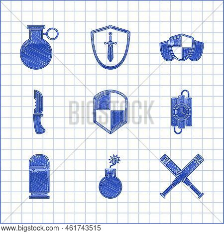 Set Shield, Bomb Ready To Explode, Crossed Baseball Bat, Dynamite Stick And Timer Clock, Cartridges,