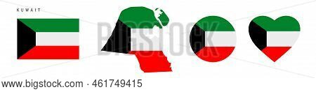Kuwait Flag Icon Set. Kuwaiti Pennant In Official Colors And Proportions. Rectangular, Map-shaped, C
