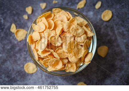 Cornflakes Bowl Breakfast Food And Snack For Healthy Food Concept, Morning Breakfast Fresh Whole Gra