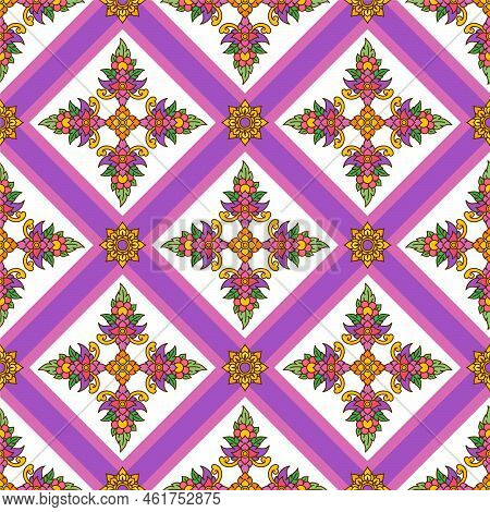 Thai Filigree Purple Flower Decoration Seamless Pattern Gift Wrap Background Vector
