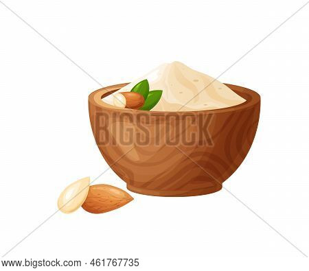 Almond Flour In Wooden Bowl With Seeds. Healthy Gluten Free Food. Powde In Organic Product. Vector I