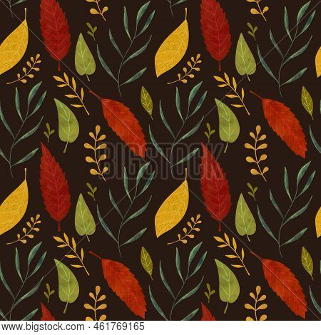 Hand Drawn Seamless Pattern With Porange, Yellow And Green Autumn Leaves And Branches On A Dark Back