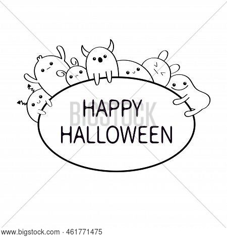 Happy Halloween Countour Doodle. Cute Cartoon Kawaii Monster Set. Oval Frame. Character Set. White B