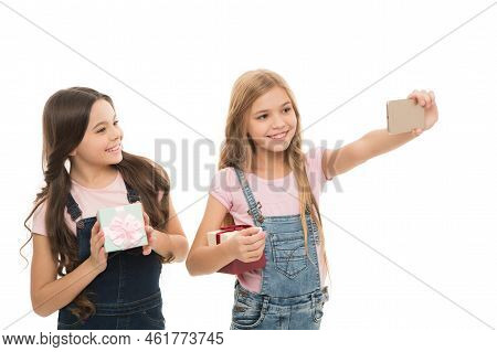 Have Fun Shooting Selfies. Little Models Shooting Selfies With Mobile Phone. Small Girls Taking Phot