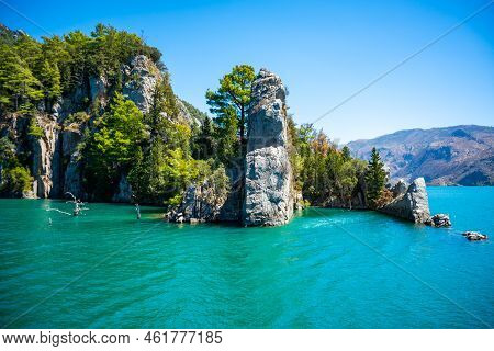 Mountain Lake. Emerald Water Reservoir Behind The Dam Oymapinar. Green Canyon In Manavgat Region, Tu