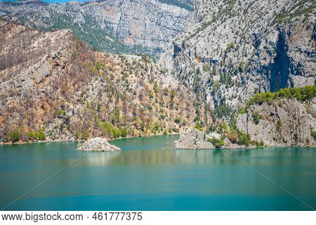 Mountain Lake. Emerald Water Reservoir Behind The Dam Oymapinar. Green Canyon In Manavgat Region, Tu