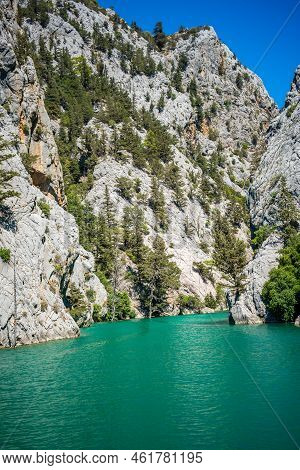 Mountain Lake. Emerald Water Reservoir Behind The Dam Oymapinar. Green Canyon In Manavgat Region, Tu