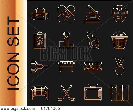 Set Line Locker Or Changing Room, Medal, Hockey Helmet, Ice Hockey Cup Champion, Over Sports Winner 