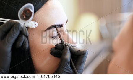 Close Up. Young Woman Gets Eyebrow Correction Procedure. Kosmetolog- Makeup Artist Applies Paint Wit