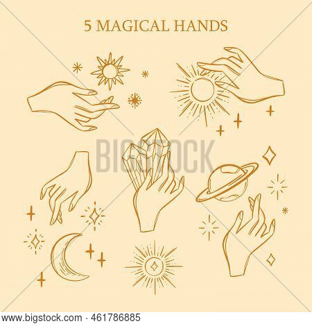Magic Hands Astrological Variations Symbol Set For Tarot Card Occult Esoteric Witchcraft Hand Drawn 
