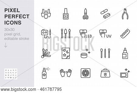Manicure Line Icon Set. Pedicure Tools - Uv Lamp, Nail Polish, Cuticle Oil, Rub, Hood Minimal Vector