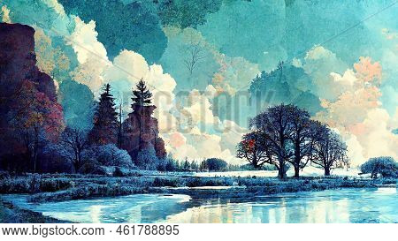 Beautiful Landscape Illustration When Winter Is Coming, Trees And A Lake - Concept Art Illustration