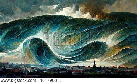 Tsunami In Front Of A City, Force Of Nature Illustration - Painting