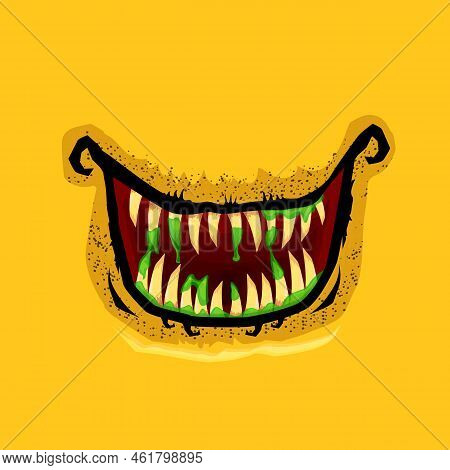 Vector Cartoon Funny Zombie Monster Open Mouth With Drooling Green Slime Isolated On Orange Backgrou