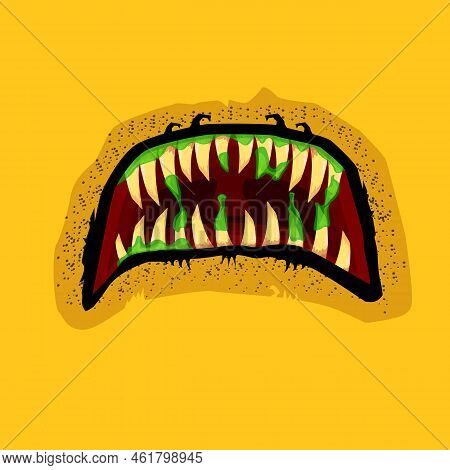 Vector Cartoon Funny Zombie Monster Open Mouth With Drooling Green Slime Isolated On Orange Backgrou