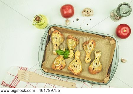 Fresh Chicken Legs In Spices, On A Baking Sheet. Copy Space. Baked Chicken In The Oven. Turkey Legs 