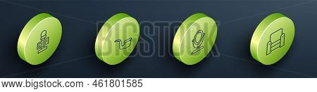 Set Isometric Line Microphone, Smoking Pipe, Round Makeup Mirror And Armchair Icon. Vector