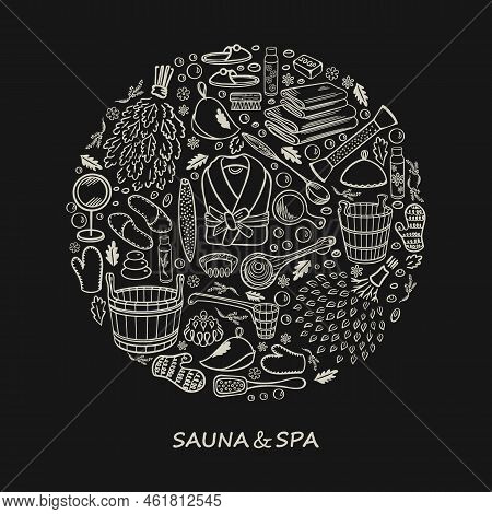 Sauna Spa Bath Doodle In Circle Vector