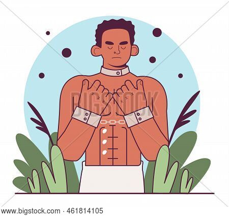 Slavery. Black African American With A Handcuffs On The Hands.
