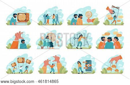 Manipulation And Control Over People Concept Set. Puppet Masters Hands I
