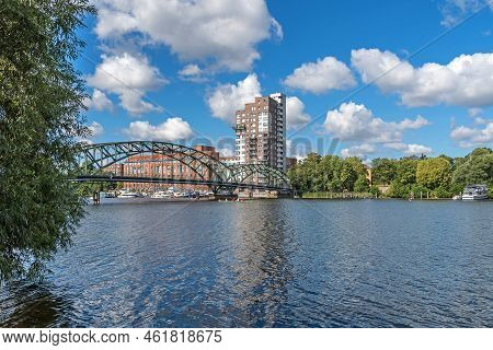 Berlin, Germany - August 6, 2022: River Havel With Its Arch Bridge Eiswerderbruecke, Marina And Resi