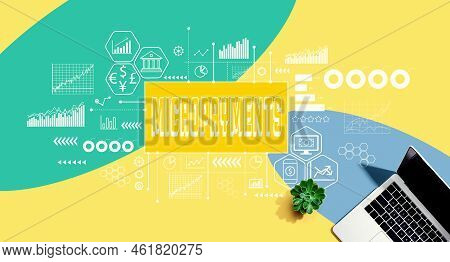 Micropayments Theme With A Laptop Computer On A Yellow, Green And Blue Pattern Background