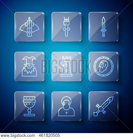 Set Line Medieval Goblet, Monk, Sword, Castle Tower, Joker Head, Battle Crossbow With Arrow And Anci
