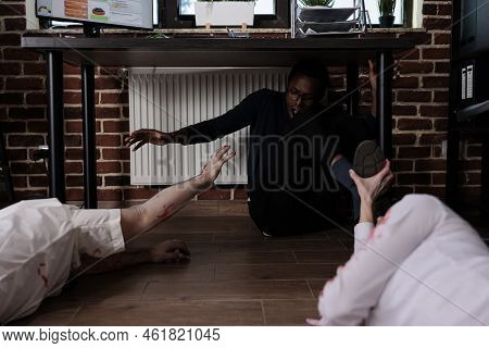Horror Zombies Attacking Scared Man In Business Office, Being Afraid And Trying To Run From Spooky D