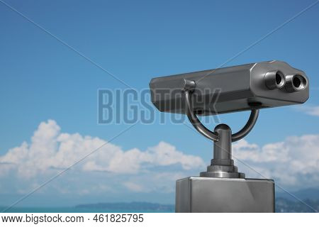 Metal Tower Viewer Installed Near Sea, Space For Text. Mounted Binoculars