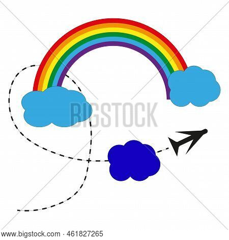 Rainbow Cloud Plane In Fantasy Style. Travel Transport Concept. Vector Illustration. Stock Image.