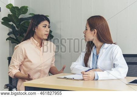 Woman Doctor Holding Hands Patient Encourage Cheer Up Consultation At Hospital Medicare Treatment Cl