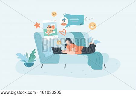 Woman Communicating On Social Media Flat Vector Illustration. Female Character Lying On Sofa, Lookin