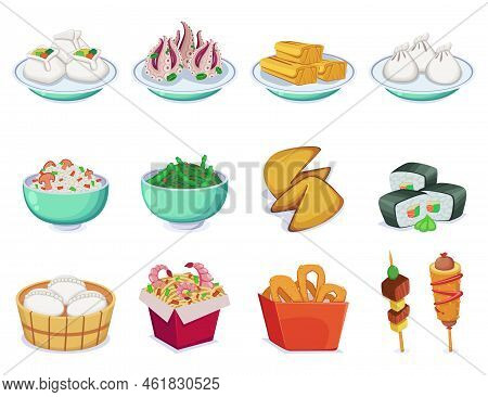 Traditional Chinese Cuisine Vector Illustrations Set. Noodles, Seafood, Rice, Different Asian Street