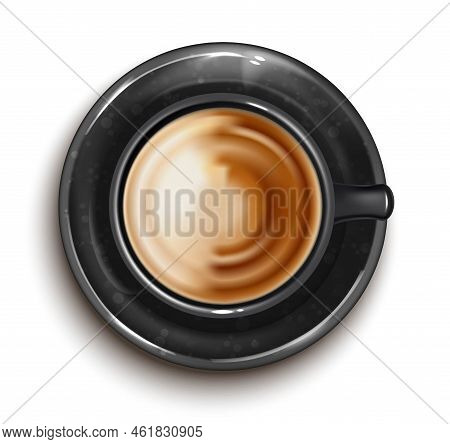 Cup Of Hot Coffee. Milky Espresso Or Raf In Black Mug. Delicious Cocoa Drink With Foam. Design Eleme