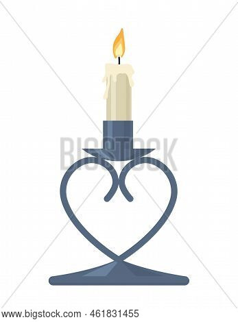 Vintage Decorative Candle. Beautiful Forged Candelabrum In Shape Of Heart With Wax Candle. Design El