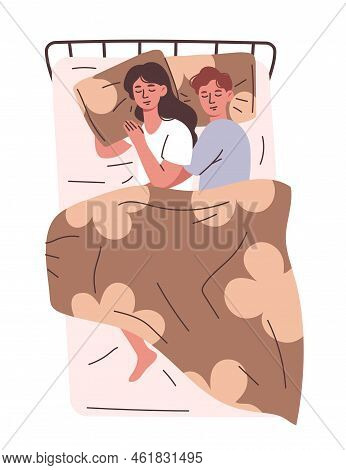 People Sleeping In Bed. Asleep On Soft Pillows Couple Or Family Hugging And Dreaming. Tired Man And 