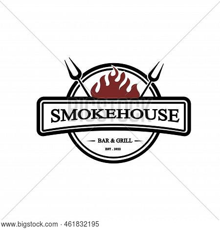 Smoke House Vintage Logo Concept. Logo Of Barbecue, Grill, Smoke House With Fire Flame Stamp Templat