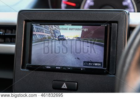 Novosibirsk, Russia - September 16 , 2022: Blue Suzuki Wagon R,  Reverse Camera With Monitor,buttons