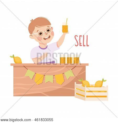 Little Boy At Stall Selling Lemonade Demonstrating Vocabulary And Verb Studying Vector Illustration