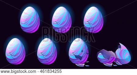 Fantasy Dragon Eggs In Different Steps Of Break With Cracks And Shell Halves. Vector Cartoon Animati