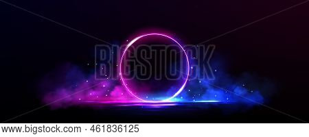 Neon Circle Frame With Smoke On Water Surface. Round Glowing Frame With Magic Light Among Soft Cloud