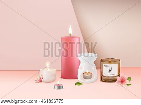 Magnolia Blossom Candle Aromatherapy Concept Background With Lamp Aroma Therapy And Flower For Adver