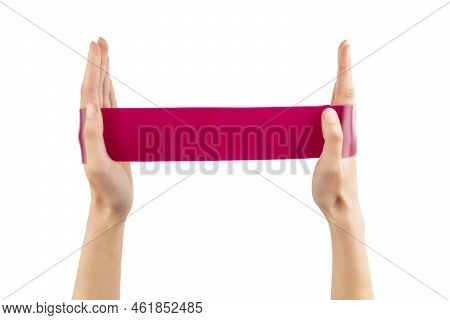 Fitness Elastic Band. Woman Showing A Blue Rubber Band. Sport And Healthy Active Lifestyle Concept. 