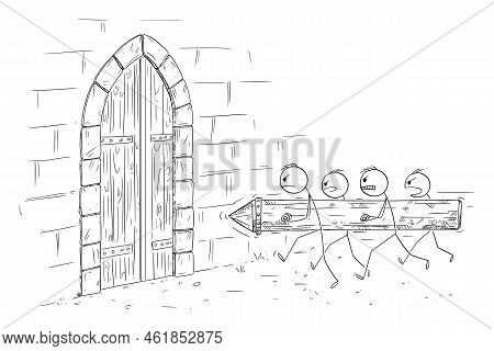 Battering Ram Attacking Castle Gate, Vector Cartoon Stick Figure Illustration