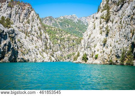 Mountain Lake. Emerald Water Reservoir Behind The Dam Oymapinar. Green Canyon In Manavgat Region, Tu