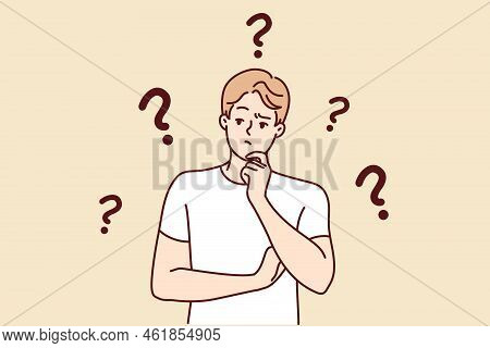 Confused Man Wondering Looking For Problem Solution. Pensive Young Guy Frustrated With Trouble Think